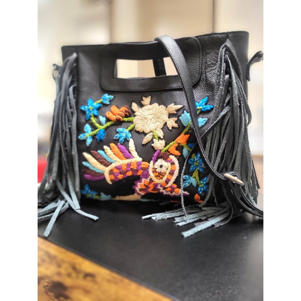 Anthropologie Raj LA Embroidered Fringed Black Leather Boho Crossbody Bag